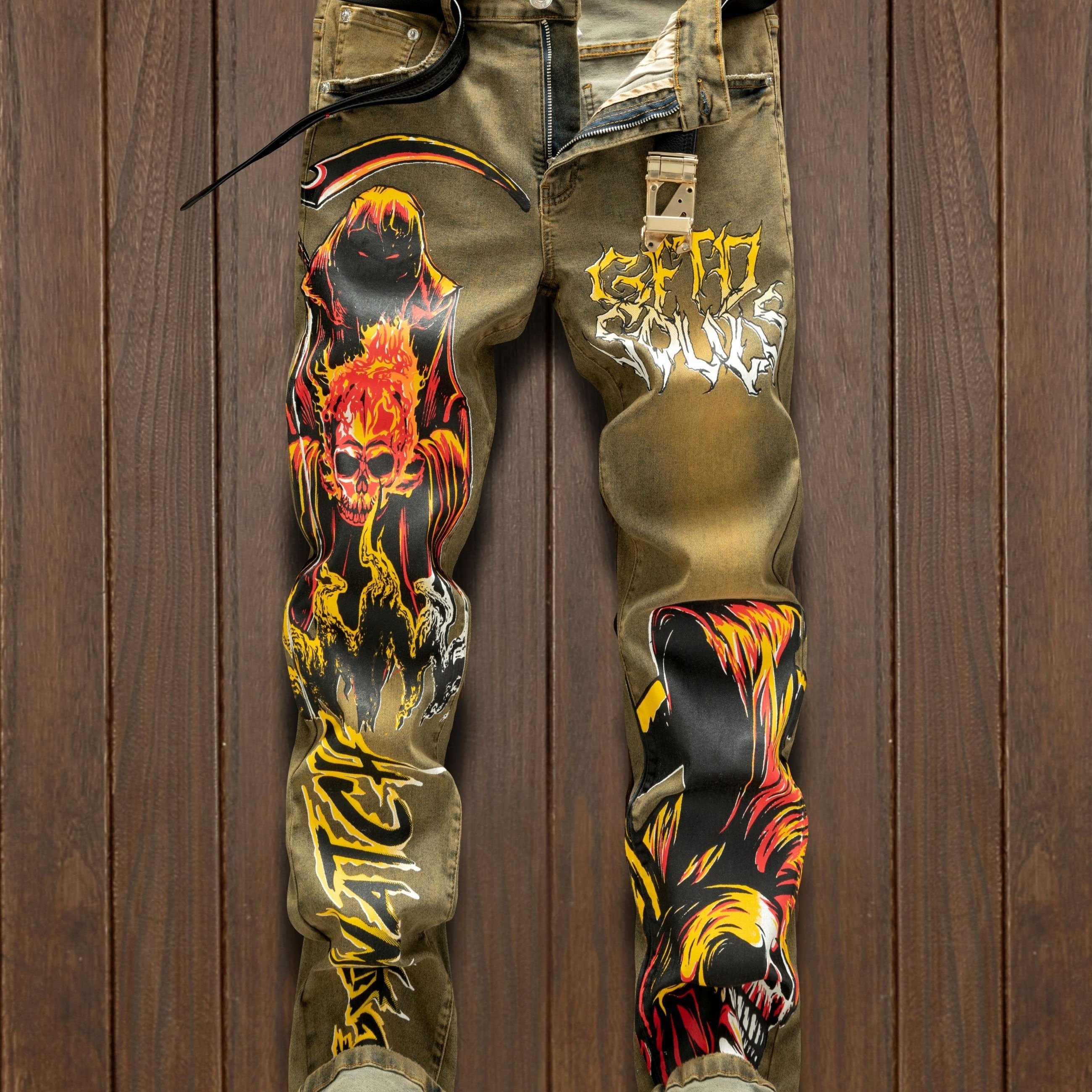 TEMU Trendy Style Brown Printed And Dyed Nightclub Casual Straight Tube Men's Denim
