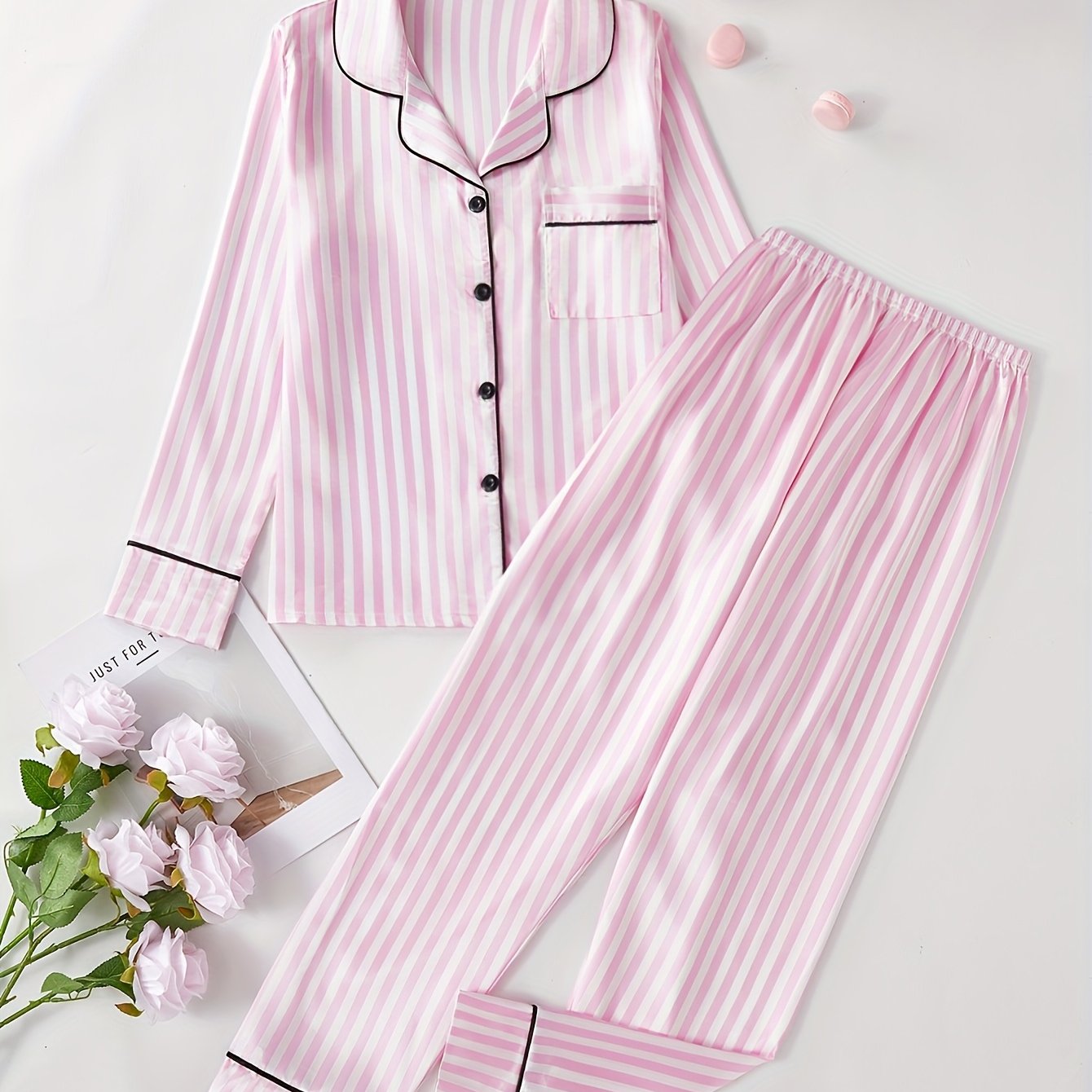 Image of Elegant Striped Pajamas, Long Sleeve Button-up Top And Long Pants Sleepwear Set, Pajamas And Loungewear, For Teenager, For Teenager
