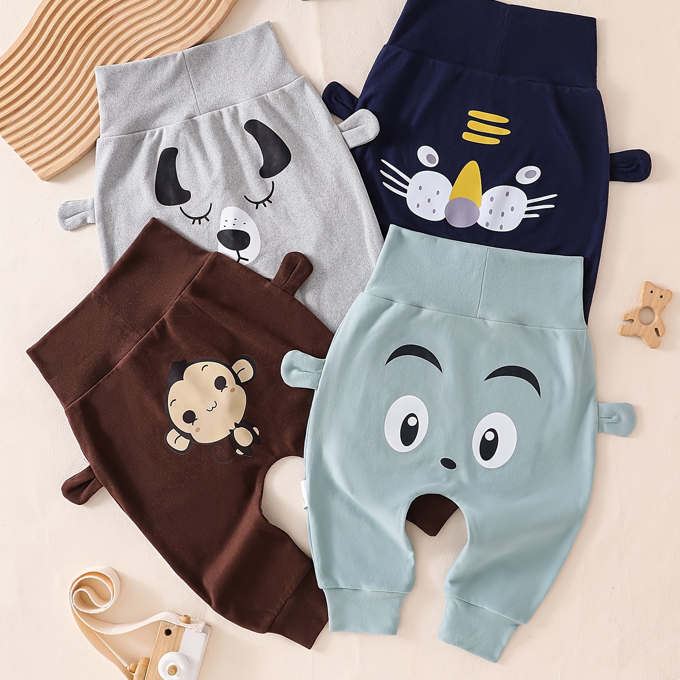 Image of (4pcs Set) Baby High-waist Tummy Pp Pants, 3d Ear Cute Animal Cartoon Print, Soft Knit Casual Harem Pants, Suitable For Toddler Daily Wear, For Outdoor