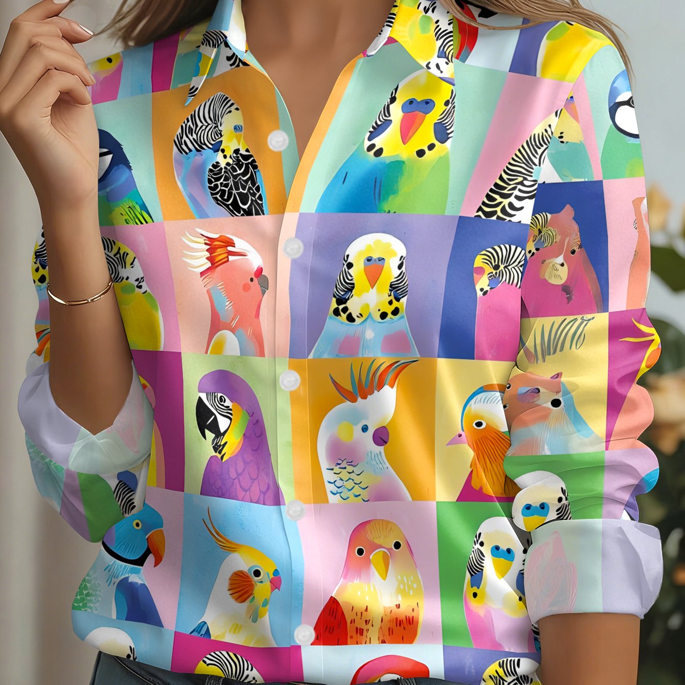 TEMU Women's Tie-front Shirt With Colorful Parrot Puzzle, Multi- Print Spring Autumn Casual Top All-match Commuter Lapel Button-up Long Sleeve Shirt