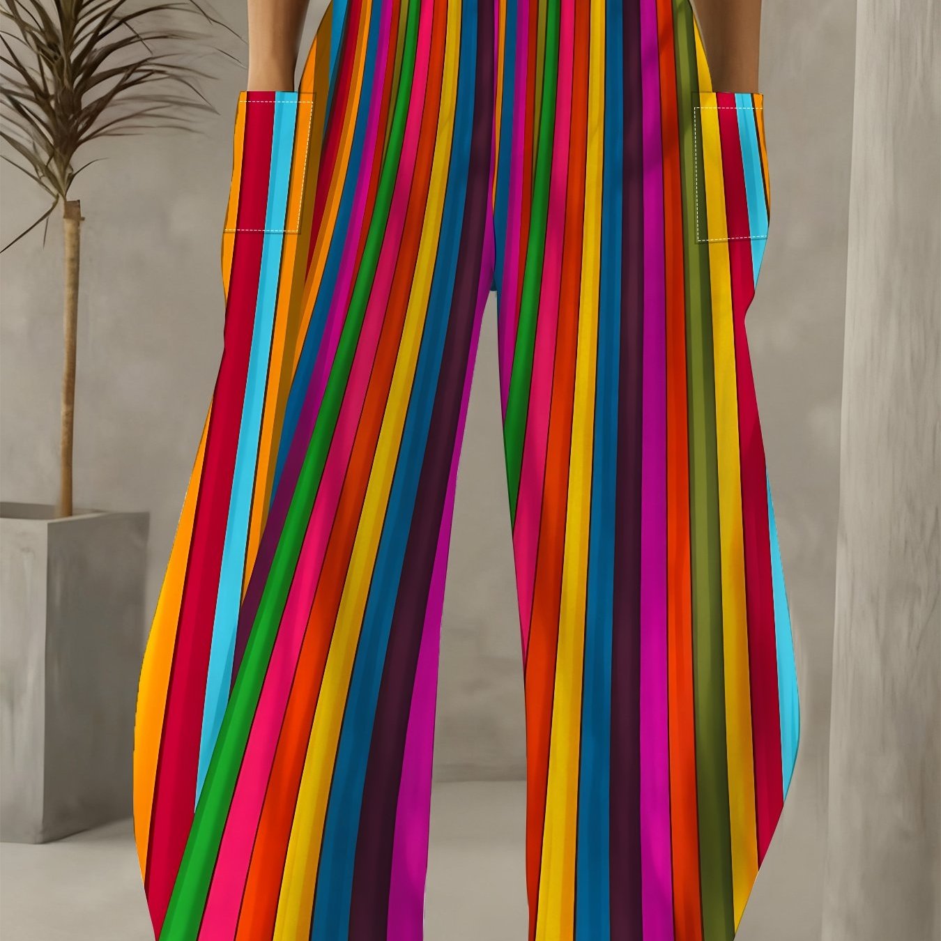TEMU High-waisted Wide-leg Pants With Full-length Vertical Stripe Print - Elastic High Waist & Draping Trousers Suitable For, Workouts, Travel |