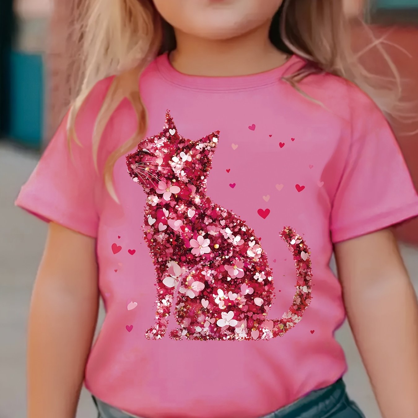 Image of Cute Girls' T-shirts, Including A Cat Print T-shirt With Faux Sequin Design, A Romantic Red Floral Print T-shirt, A Round Neck Short-sleeved Casual Top, For Summer .
