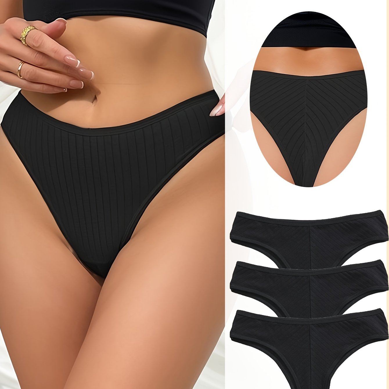 3PCS Tangas de algodón de cintura alta para mujeres - Ropa interior elegante de color sólido cómoda y transpirable con tejido de punto, 95% algodón 5% elastano