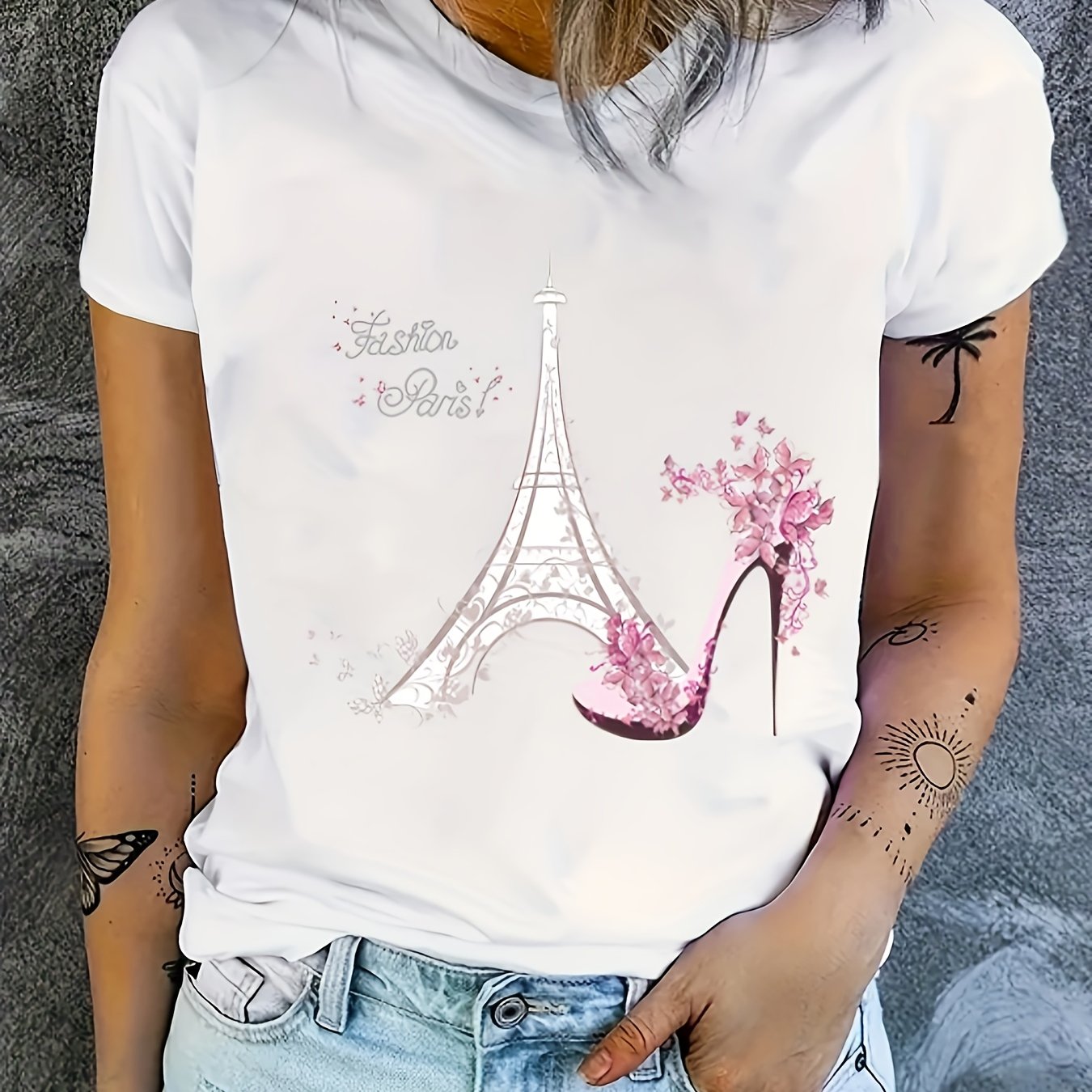 E-shop Bedrucktes Weißes T-Shirt, Casual Rundhals Kurzarm-Oberteil für Damen