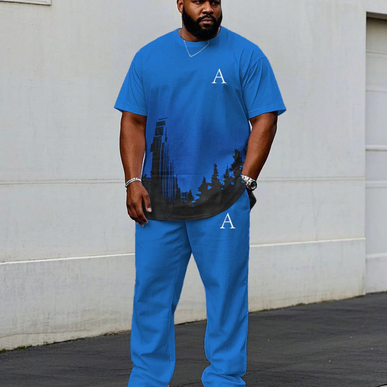 TEMU Men's Short Sleeve Round Neck T-shirt And Long Pants, City Silhouette Print, Casual Athletic Outfit, Regular Fit, Plus Size