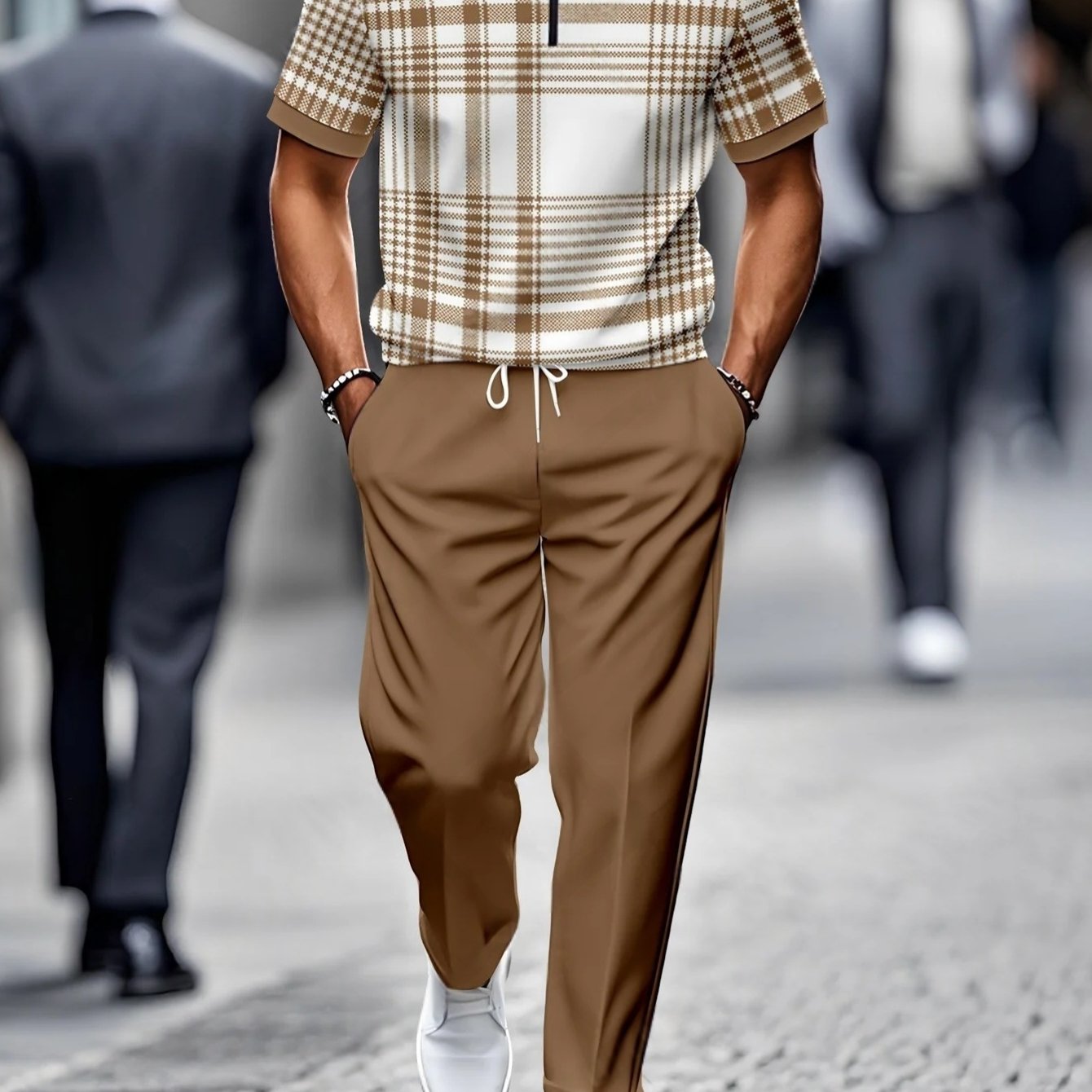 Image of 2pcs Set [new Summer Release] Men's Casual Fashion Loose Stand Collar Half-zip Short Sleeve And Pants Sports Set - Short Sleeve Top And Pants