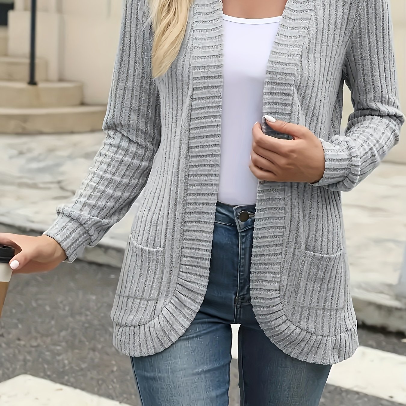 TEMU Elegant Front Knit Cardigan - Long Sleeve, Ribbed Polyester Jacket For Fall/winter, Plus Size Cardigan