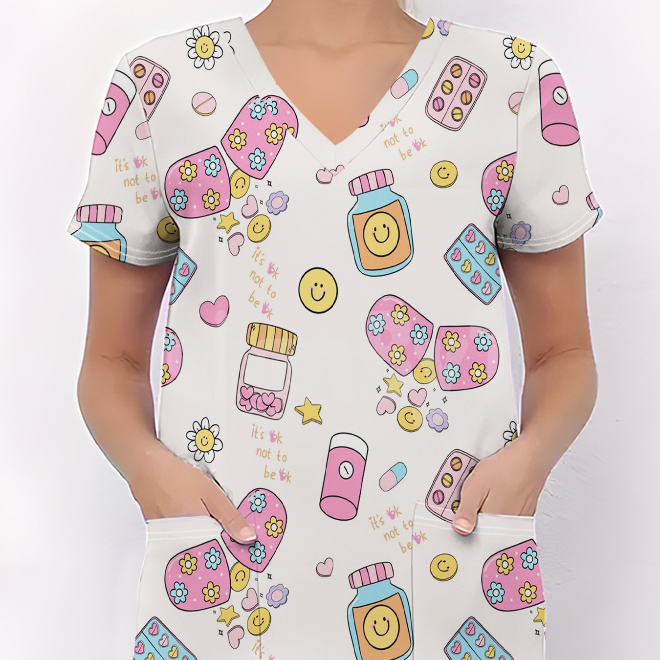 TEMU Women's Fashion V-neck Short-sleeve Scrub Top With Pockets, Featuring Vibrant Cartoon Elements, Breathable , Suitable For And Daily Use. Made