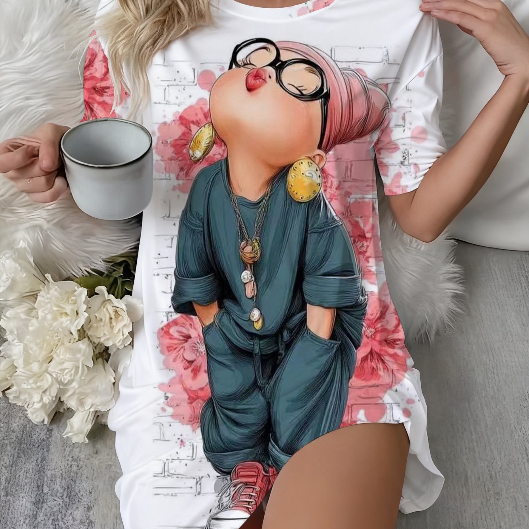 Image of Cute Cartoon Printed Crew Neck Short Sleeve Night Dress For Women | Comfortable Sleepwear