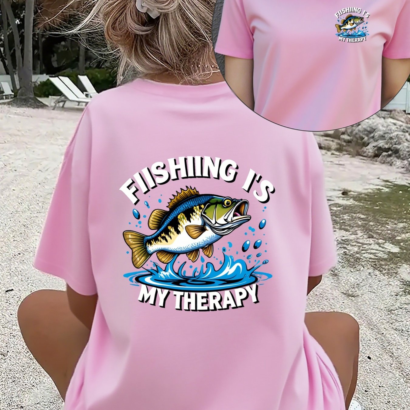 TEMU Fishing Is My Therapy, Double-sided Comfortable Women's T-shirt, Trendy Crew Neck Short Sleeve Pullover Top