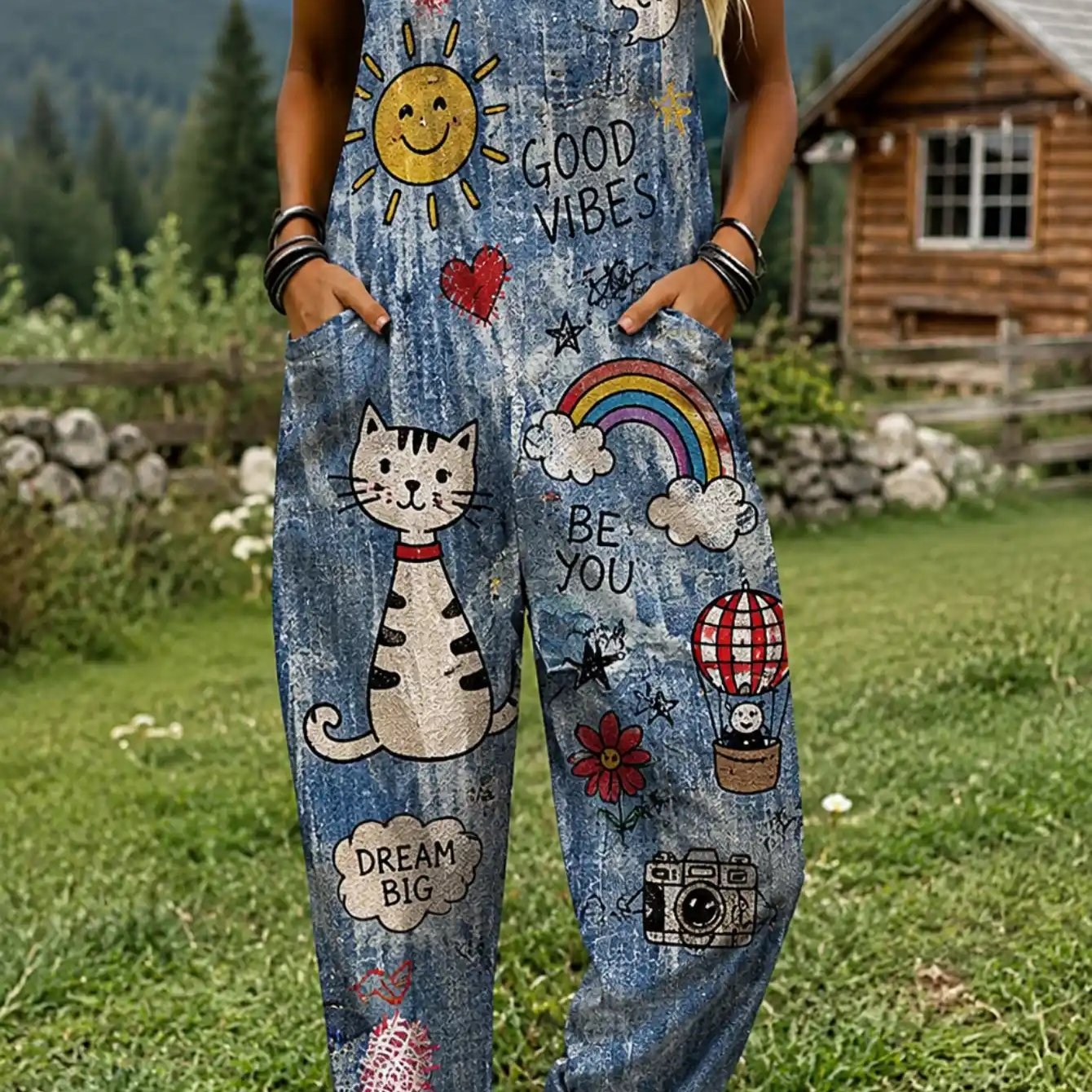 Image of Women' Size Overall Jumpsuit, Size S-2xl Sun Cat Rainbow Print Loose-fitting Overalls Casual Wear Suitable For Daily Wear And , An Ideal Gift For .