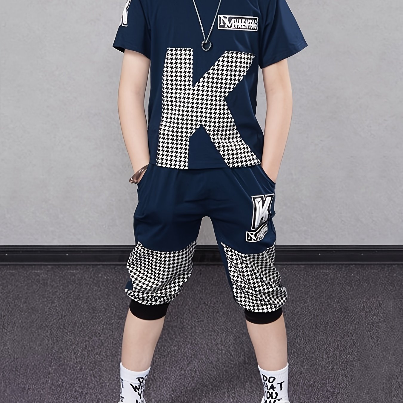 Image of Boys' Summer Short Sleeved Fashionable Outfit, Western-style Set, Summer Casual Sports Set, , Of Daily Wear, Perfect For Outdoor