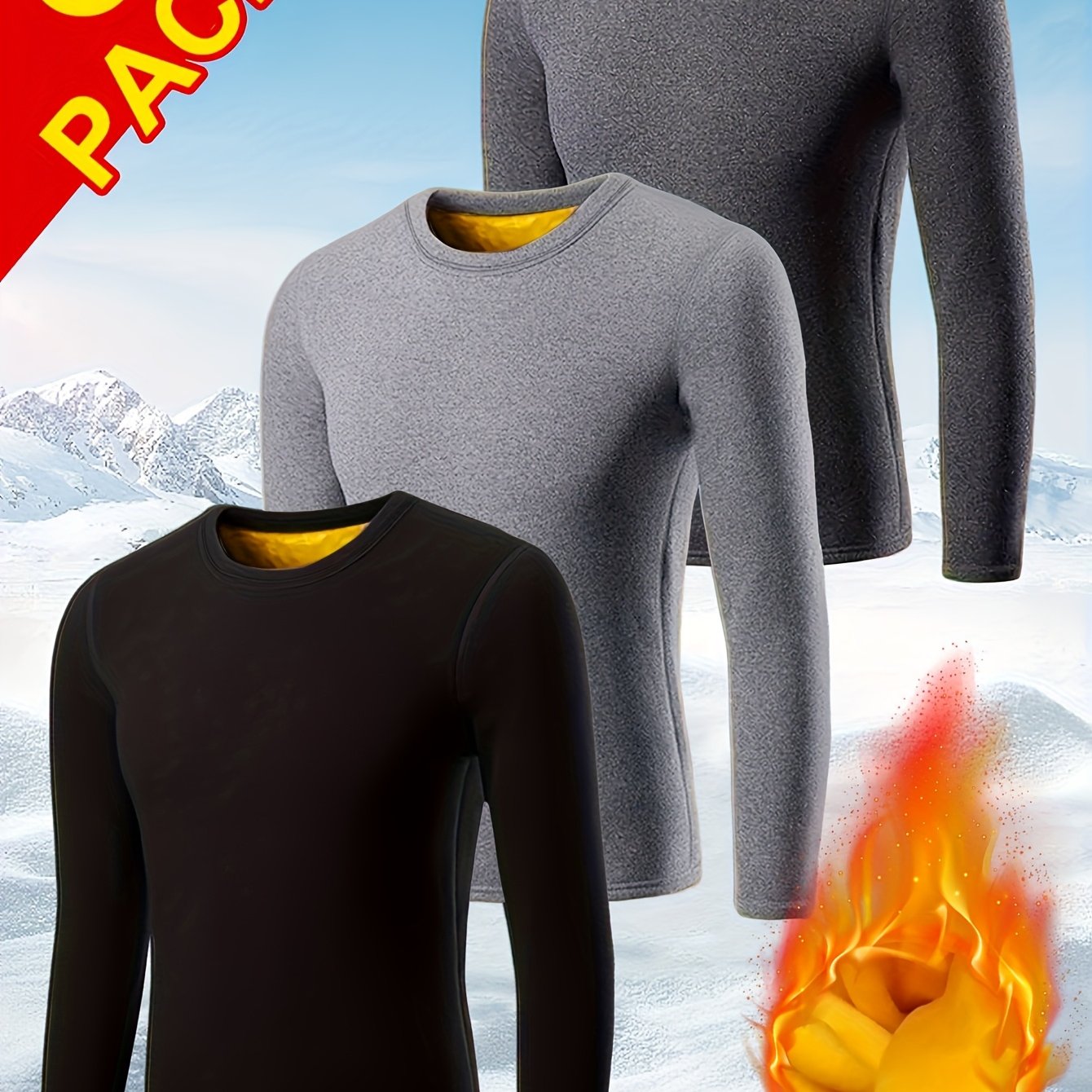 TEMU 3pcs Men's Winter Warm - Underwear, Men's Casual Crew Neck, Outdoor Warmth, Loungewear, Base Layer, Outdoor Sports, Mountain Climbing, Solid