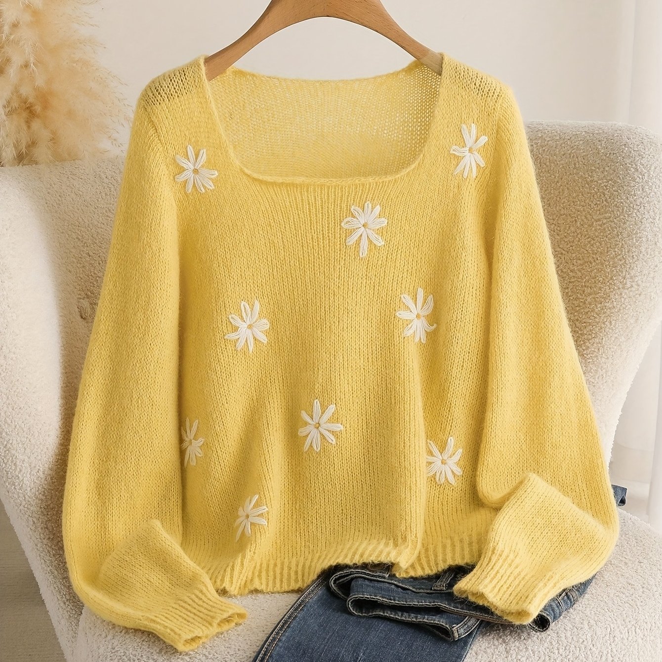 Women's Daisy Floral Pattern Long Sleeve Loose Fit Casual /summer Lightweight Pullover