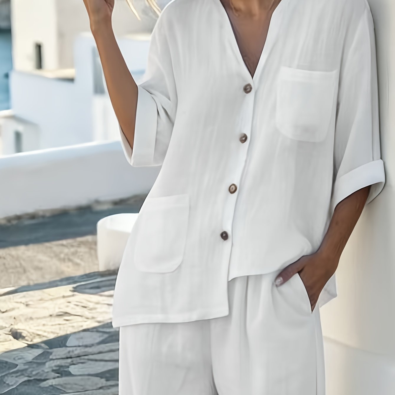 TEMU Summer New Arrival Women' V-neck Button Pocket Shirt   Wide-leg Pants Set, Loose Casual 2pcs Outfit For Beach And Commuting