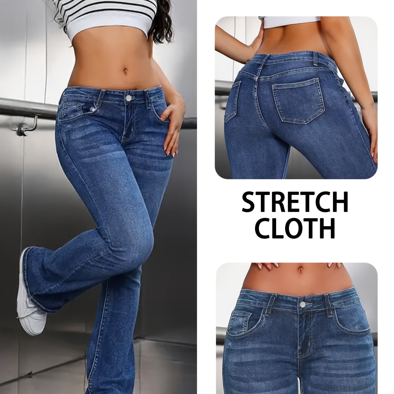 Image of Elegant Style Women's Stretch Flare Jeans - Low-waist Slim-fit Slant , High-elasticity Rayon Blend Fabric, Street Casual Wear, Fashion Denim Apparel | Stretch Denim Blend, Low-rise