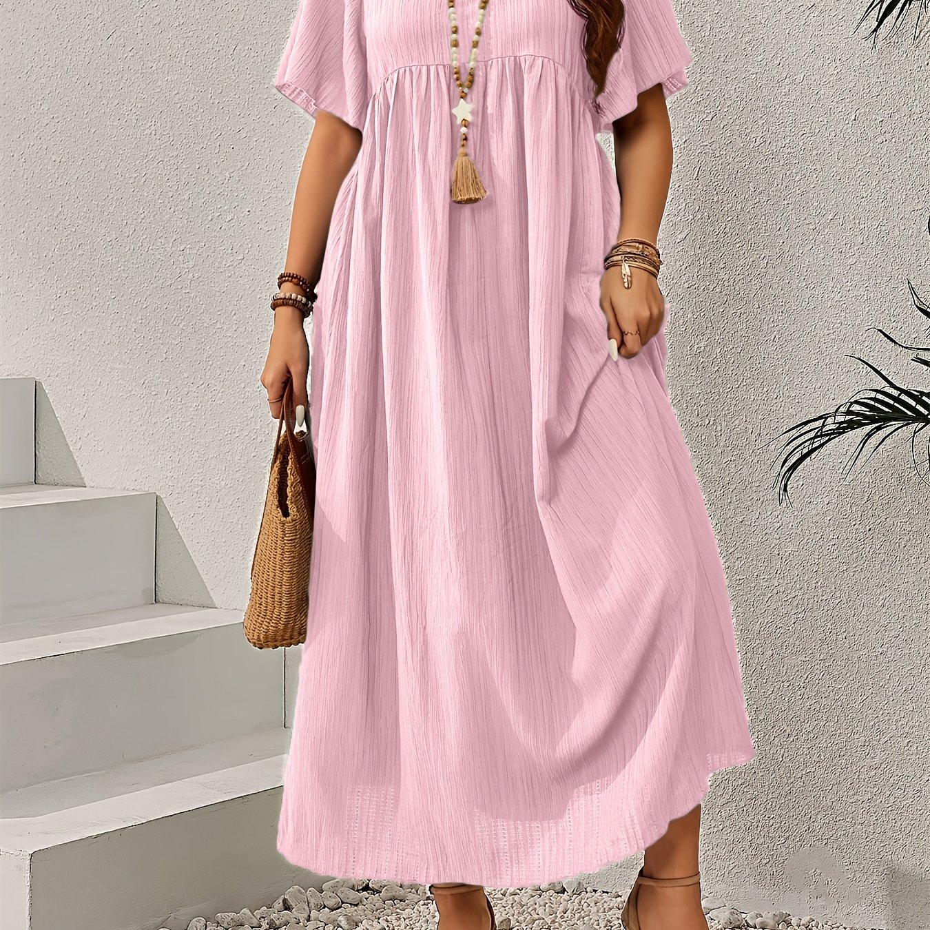 TEMU Plus Size, Plus Size Women's Bohemian Maxi Dress - V-neck Batwing Short Sleeve -line Batwing Suitable For Daily Wear & Vacation Outfits, Machine