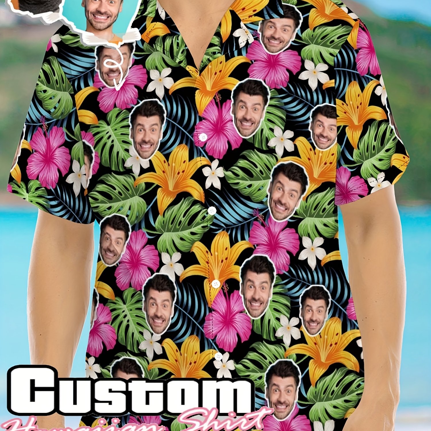 TEMU Chemise Hawaïenne Personnalisée avec Photo | Motif Tropical avec Tête de Chien ou de Chat, Col à Décontracté, Tissu Légèrement Extensible,