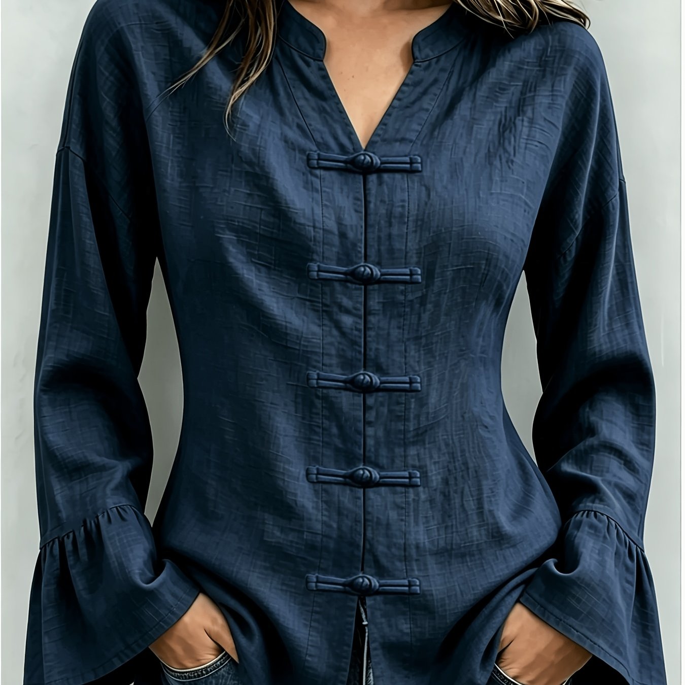 TEMU Chemise vintage chinoise à col Mao et boutonnage sur le devant - Haut uni à manches longues et col boutonné, lavable en machine, convient pour