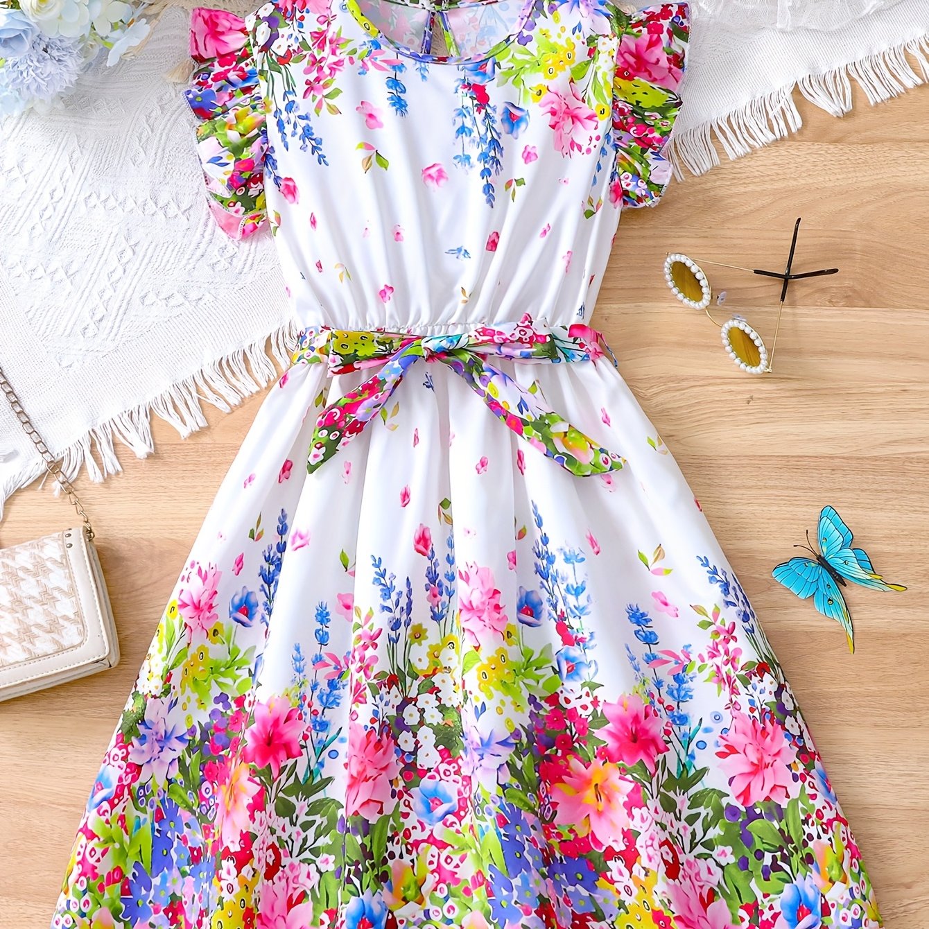 Girls' Summer Colorful Floral Print Belted Dress With Flutter Sleeves For Outdoor Beach