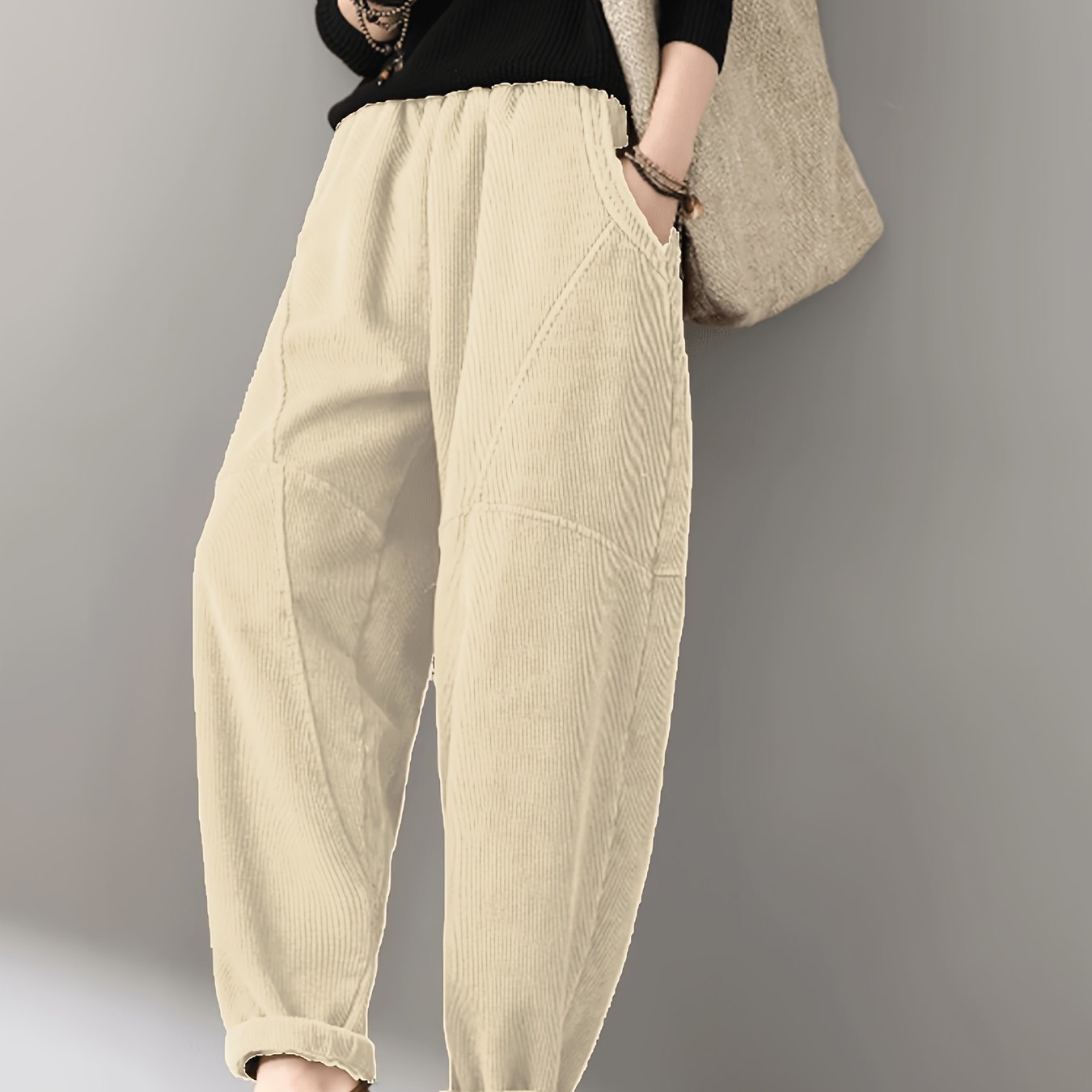 TEMU Pantalon en velours Tgss pour femme avec ceinture élastique et pantalon patchwork - Velours fuselé , convient pour tenue décontractée