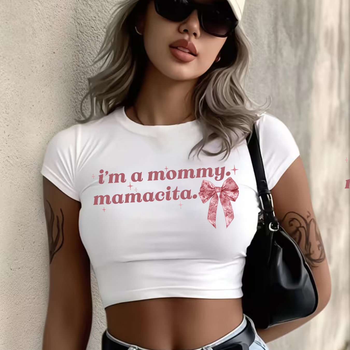TEMU De Crop Top Summer Fashion Women's & With Bow, Stars, And "i'm A Mommy Mamacita" Print, Short Sleeve Slim Neck Cropped T-shirt, Ling K
