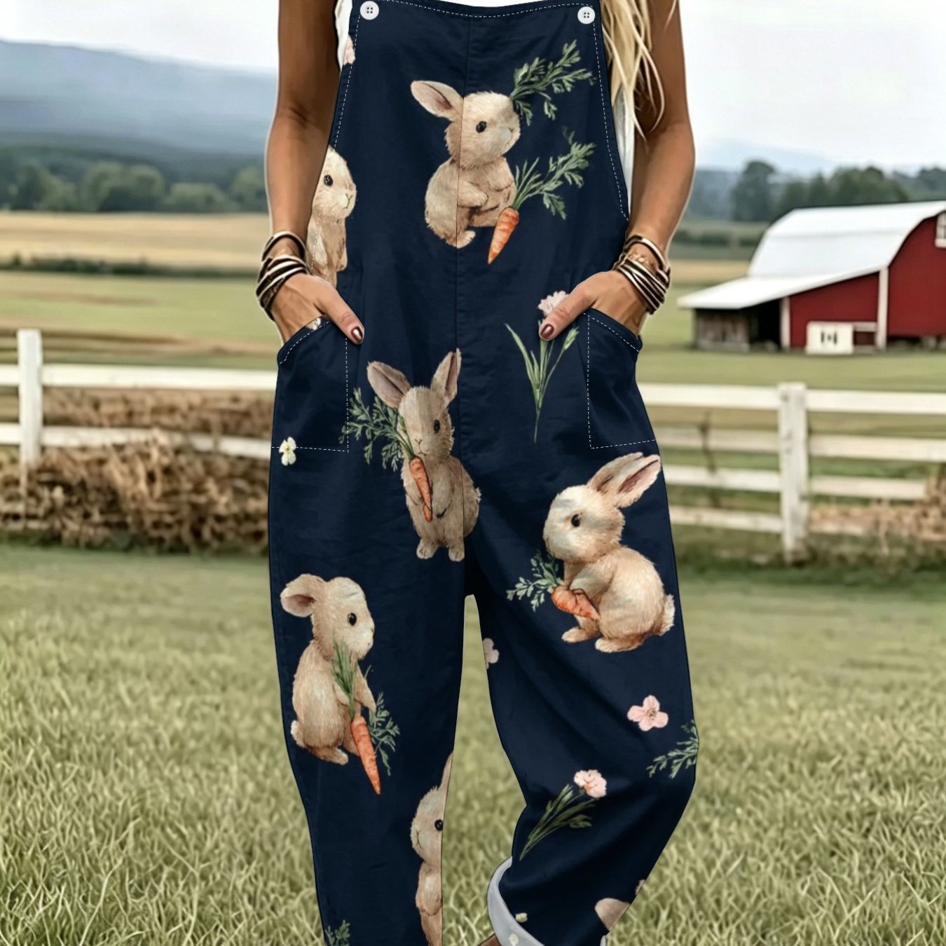TEMU Navy Blue Overalls With Cute Bunny, Carrot, And Floral Print; Multi-pocket, Roll-up Cuffs; Pastoral Style Casual Trousers.