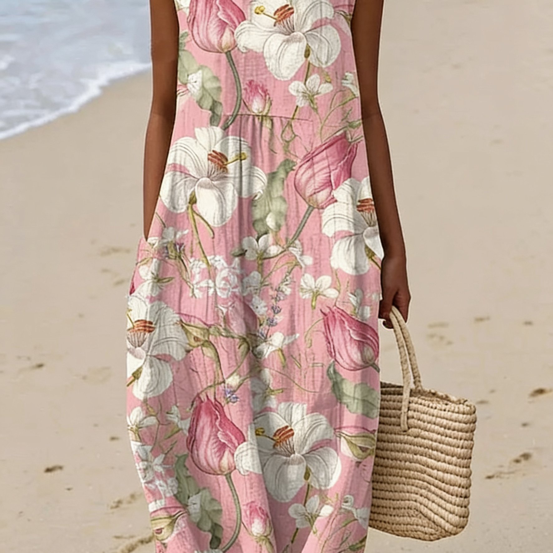 Image of Plus Size - Plus Size - Plus Size Women Sleeveless Tank Dress, Pink Floral Print Midi Dress, , Perfect For Beach Vacation Daily Wear
