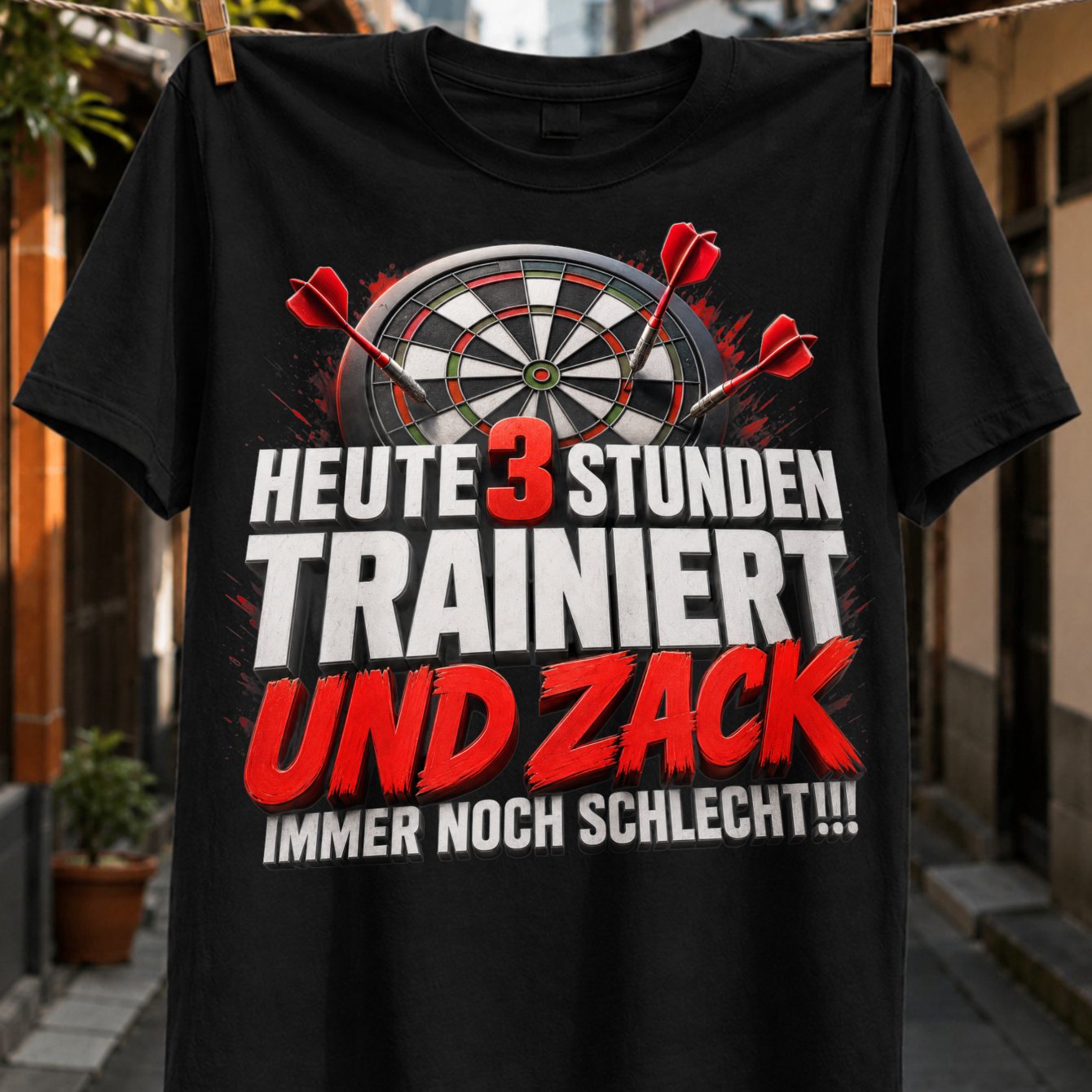 Image of Graphic Featuring The German Darts Joke Heute 3 Stunden Trainiert Und Immer Noch Schlecht With A Dartboard And Flying Darts Unisex All T-shirt