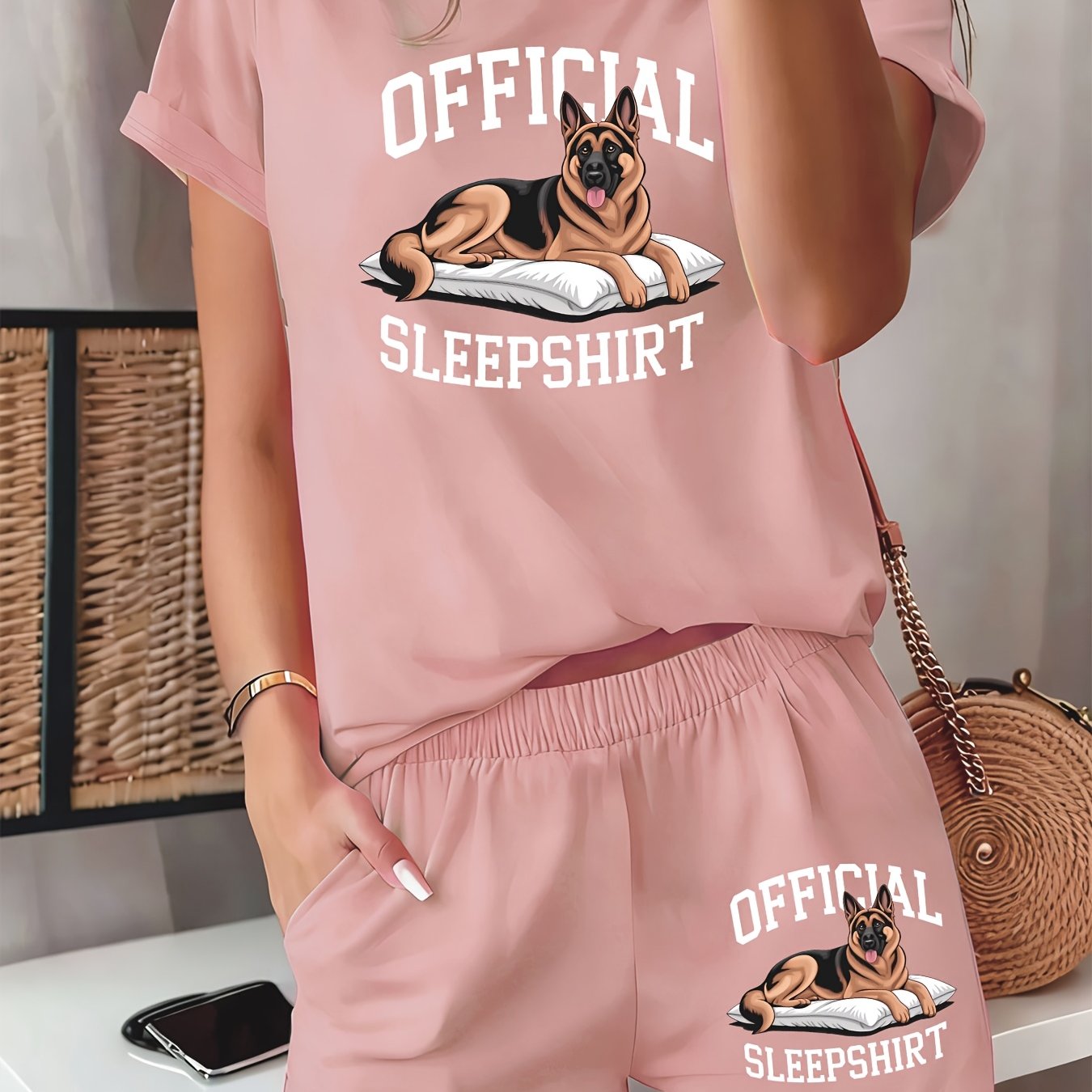 TEMU 2pcs Set: Stylish And Comfortable Women's Home Outfit Featuring A German Shepherd Print. Includes A Comfortable Casual Round Neck Short Sleeve