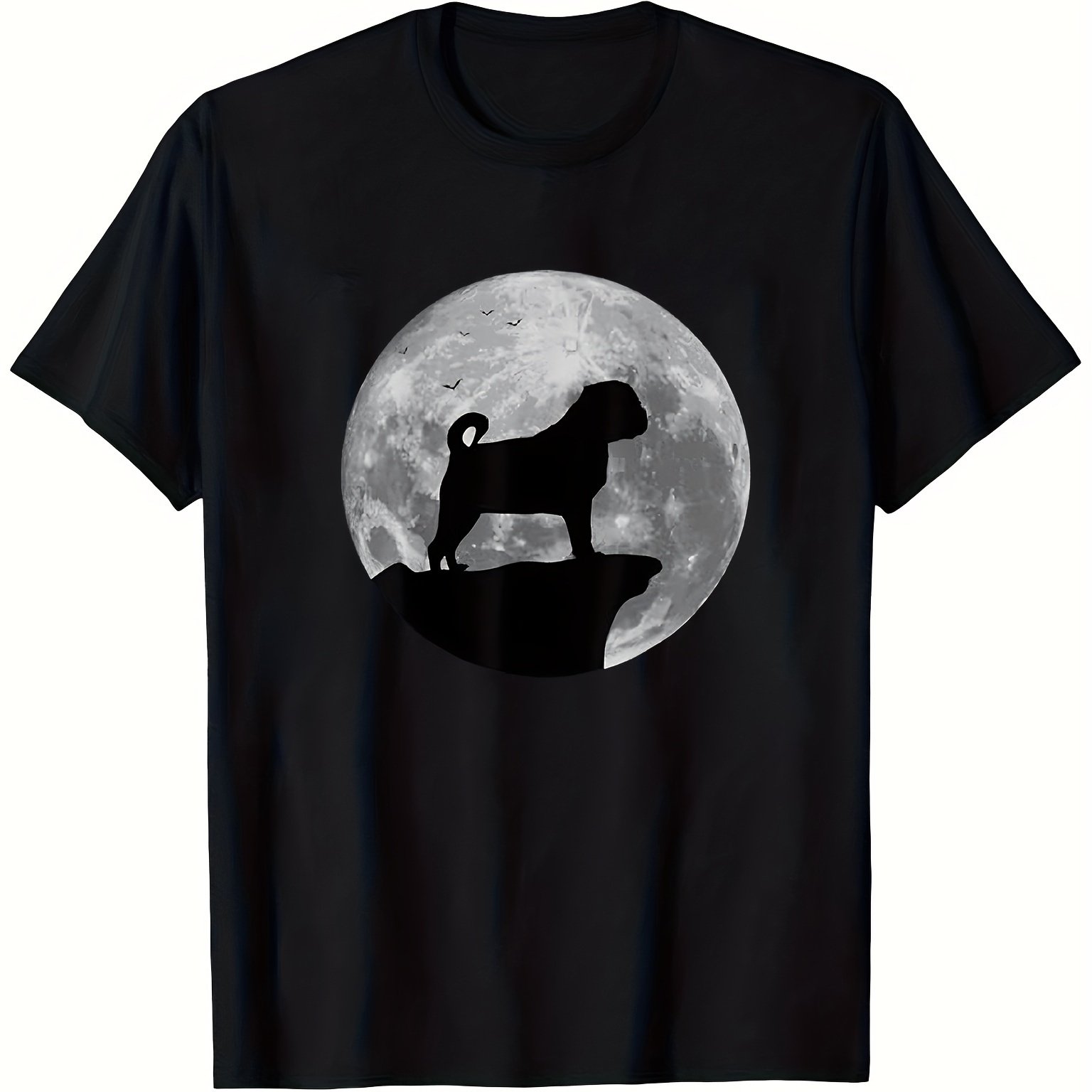TEMU Unisex Pug Moon Theme T-shirt- Pug Silhouette And Moon Pattern, Casual Round Neck Design, Spring And Autumn Wear For Dog Lovers(sizes S-xxl,