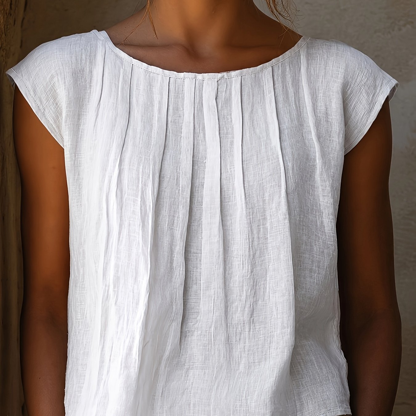 Image of New European And American Cross-border Women's Fashion Top With Pleated Round Neck Design, Solid Color, Loose Fit, Versatile Short-sleeve T-shirt