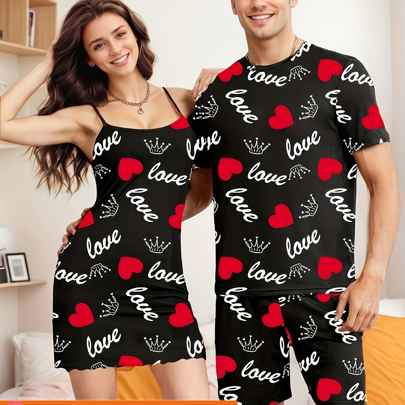 [1 Dress For Women Or +1 Bottom For Men]couple Style Love Print,women's Camisole Dress Or Men's Short Sleeve Shorts Loungewear,for Single Person,not 2 Sets