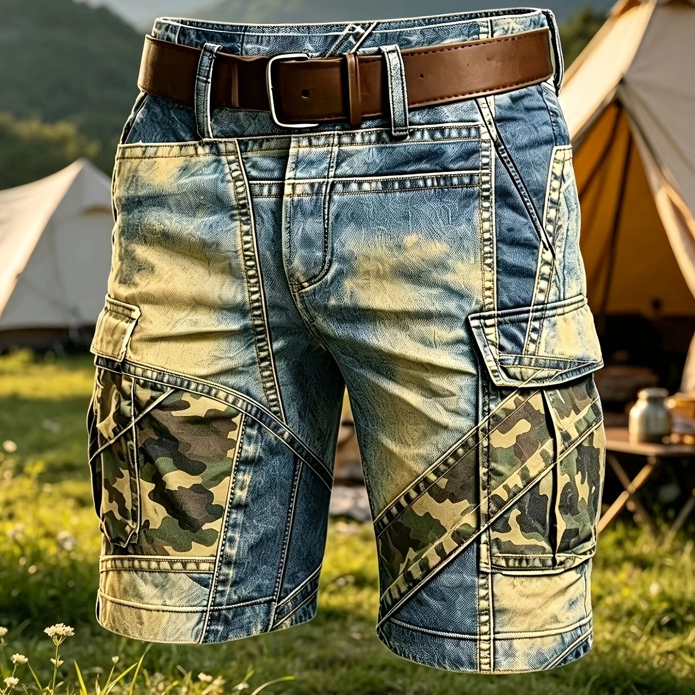 Image of 2026 's Summer Loose Non-stretch Multi-pocket Cargo Denim Shorts, Multi-pocket Durable Casual Pants, Outdoor Functional Loose Versatile Men's Pants (belt Not Included)