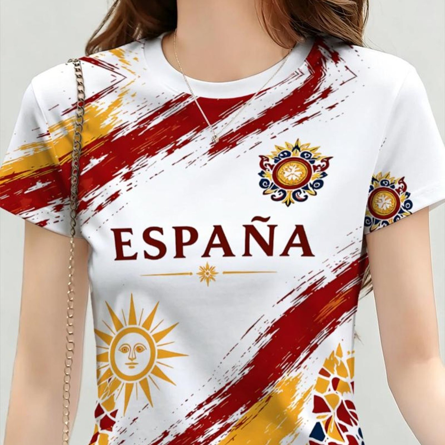 TEMU Camiseta de moda para mujer con estampado de inspiración española, sin , con vibrantes patrones , adecuada para uso diario y ocasiones