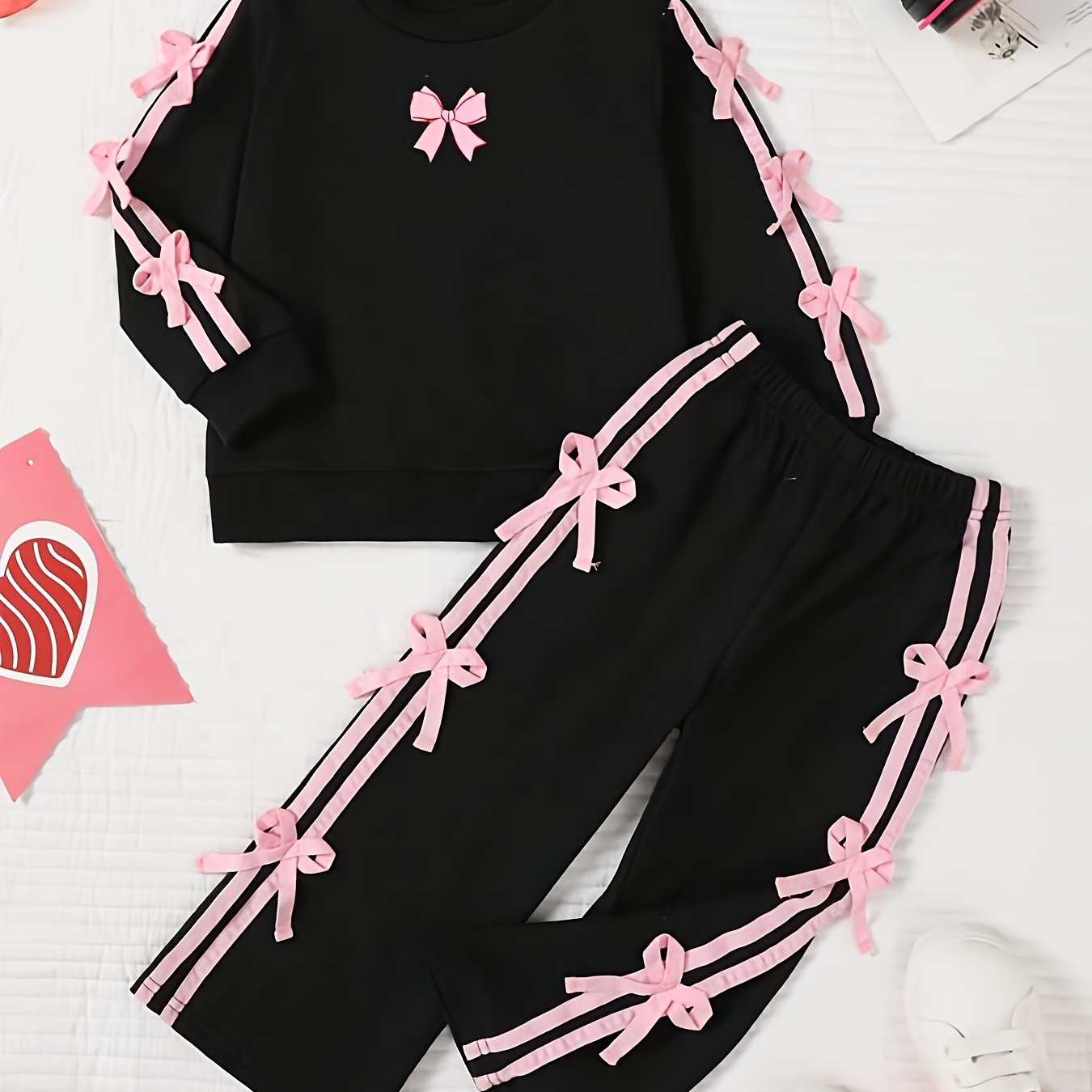 2pcs/sets Of Young Girls' Autumn And Winter Casual Ribbon Bow Sweatshirt Tops And Bow Pants Sets, Comfortable Sets, Suitable For Outdoor And Student Sports, Perfect For Outdoor