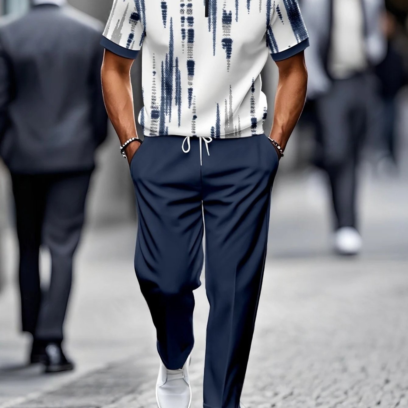 Two-piece Set [new Summer Release] Men's Casual Fashion Loose Stand Collar Half-zip Short Sleeve And Pants Sports Set - Short Sleeve Top And Pants
