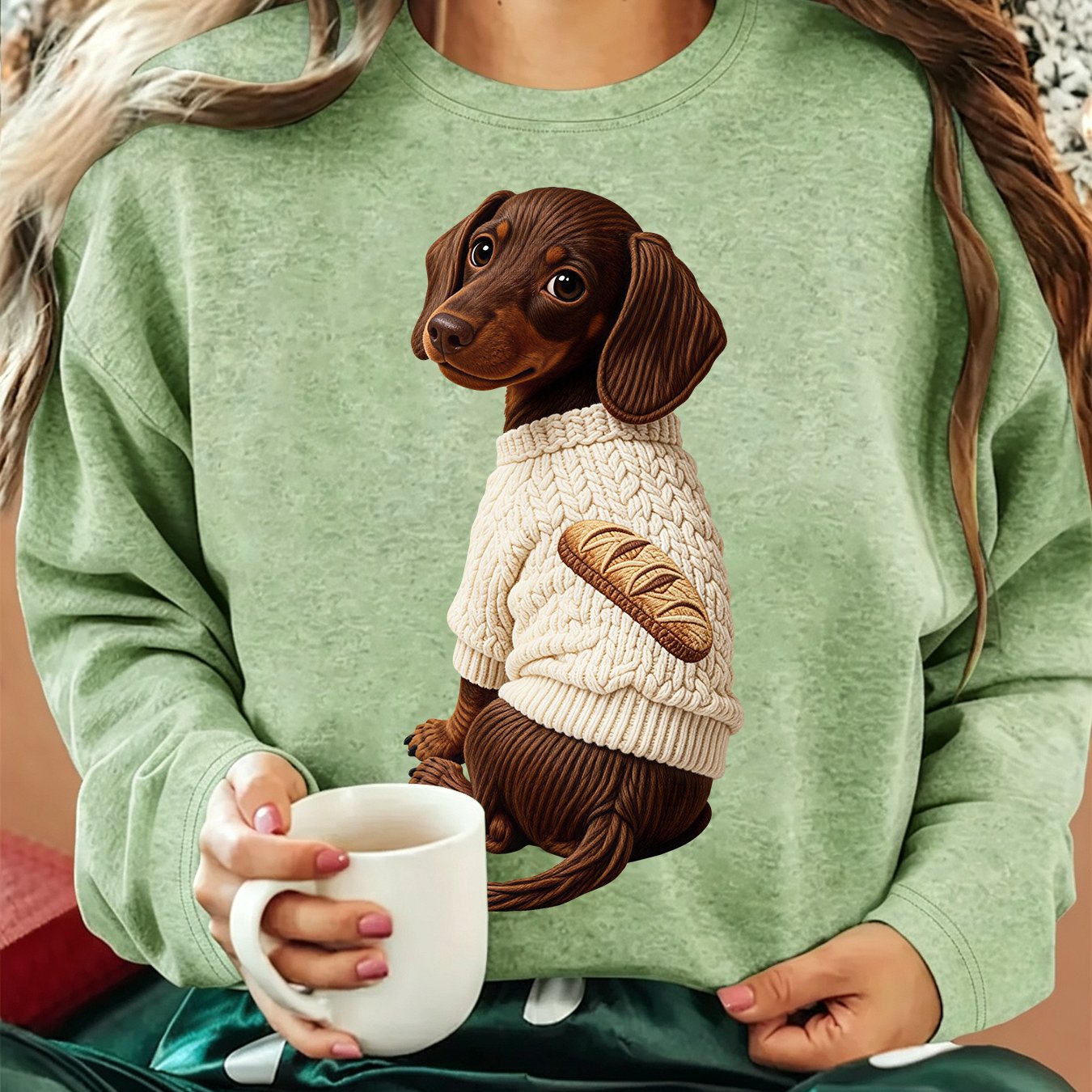 TEMU 2026 Women's Fashion Renewal: Women's Autumn/winter Apparel, Dachshund Sausage Dog Bread-inspired Embroidery-like Print Crew Neck Long Sleeve