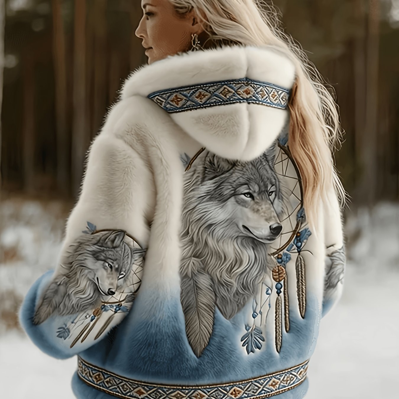 TEMU [printed Design - No Texture] Autumn/winter Women's Retro Western Viking Pattern Warm Flannel Hoodie