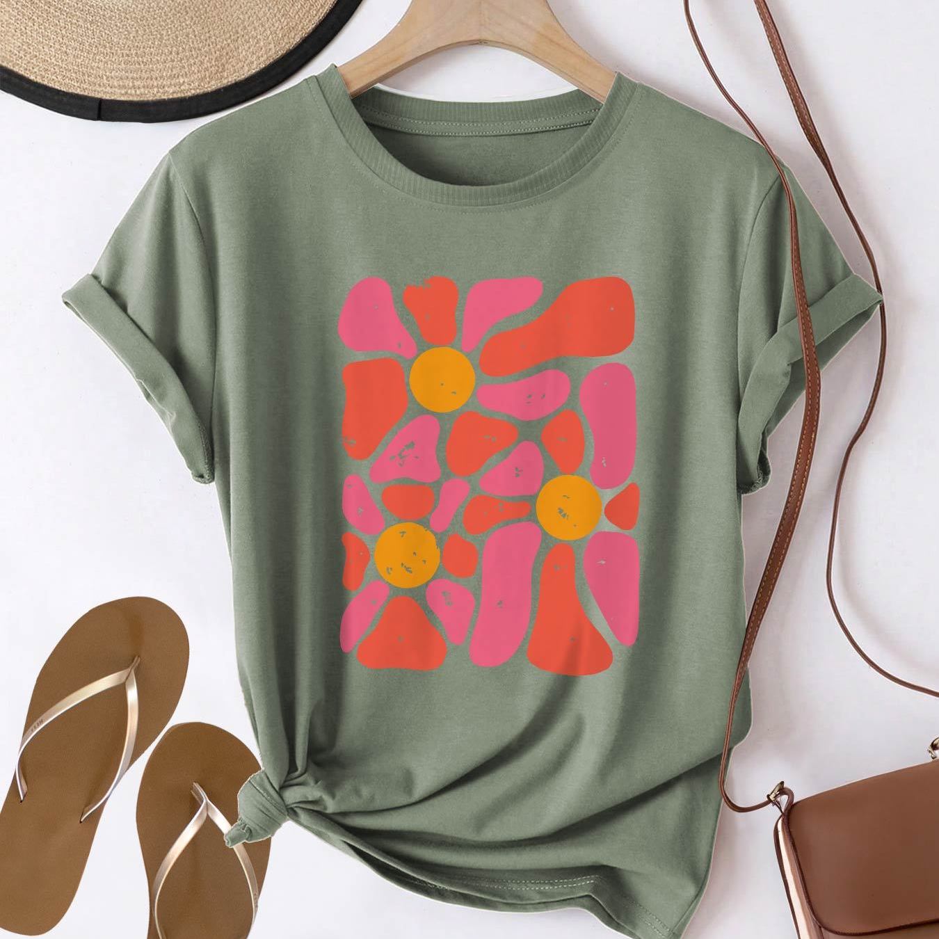 Image of Letter Print T-shirt, Short Sleeve Crew Neck Casual Top For Summer And Spring, Women's Clothing