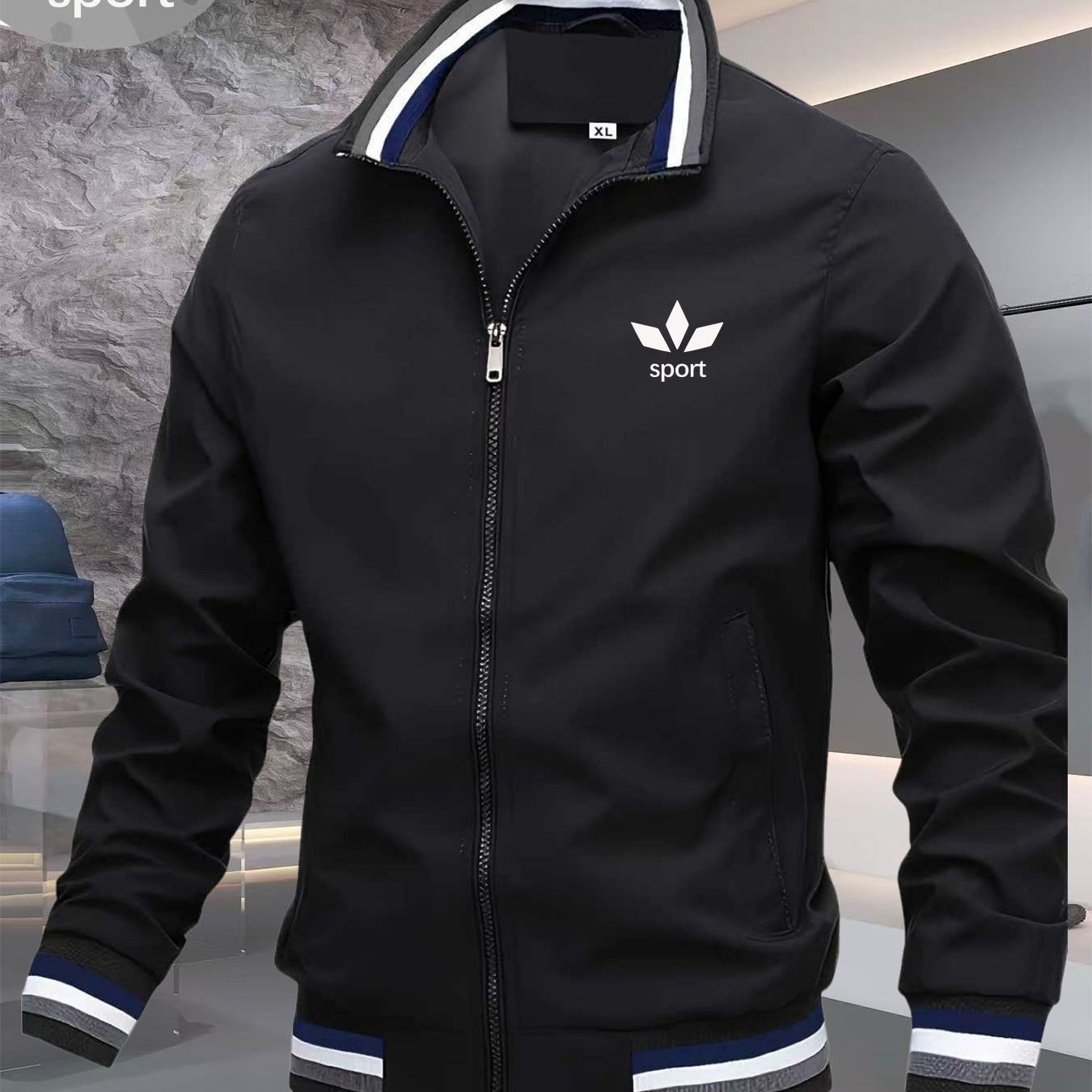 TEMU Men's Stand Collar Zip-up Jacket Sport Leaf Element Striped Coat Casual Windproof Top Breathable Comfortable Durable Versatile Outerwear For