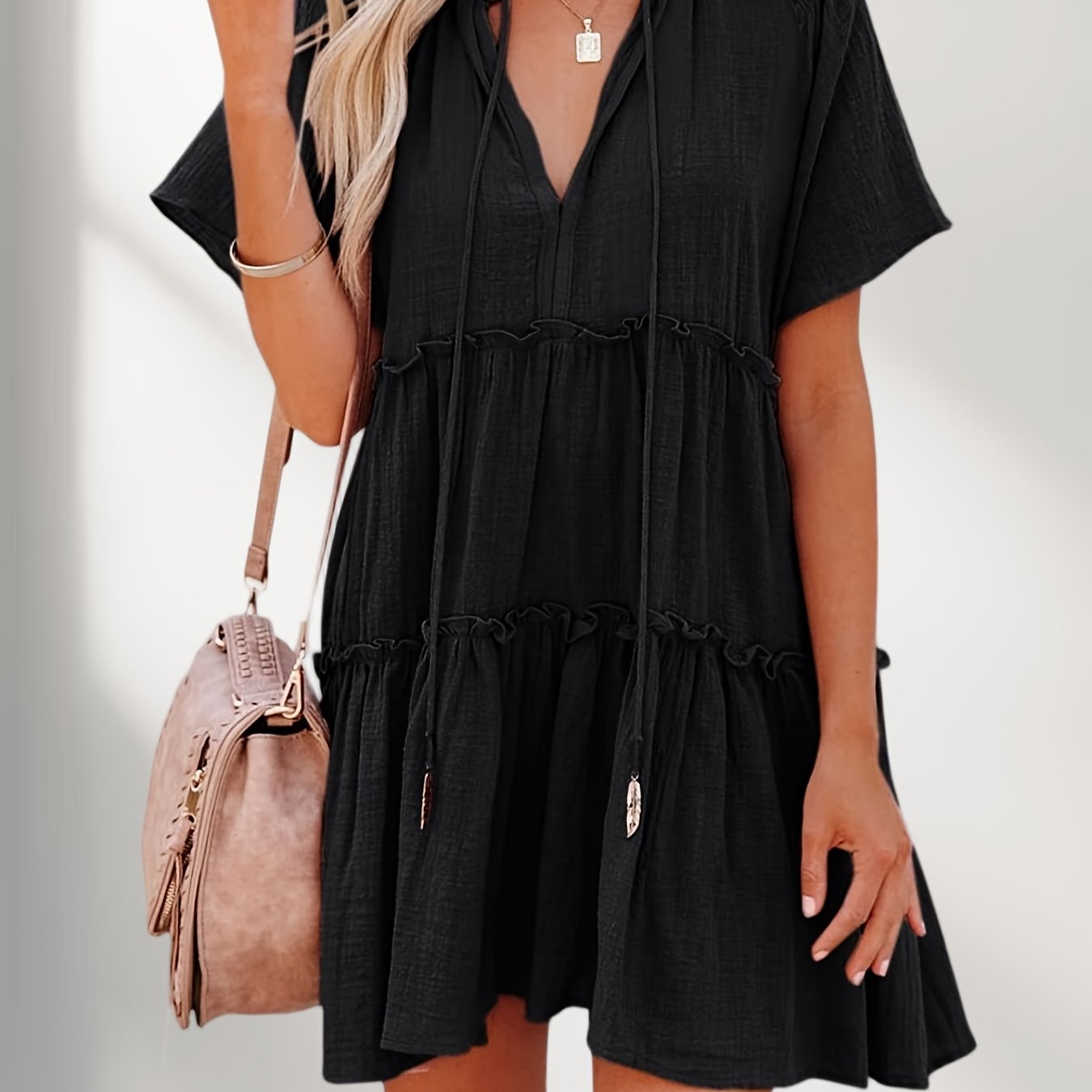Image of Womens Drawstring V Neck Dress Ruffle Tiered Short Sleeve Babydoll Tunic Swing Sundresses