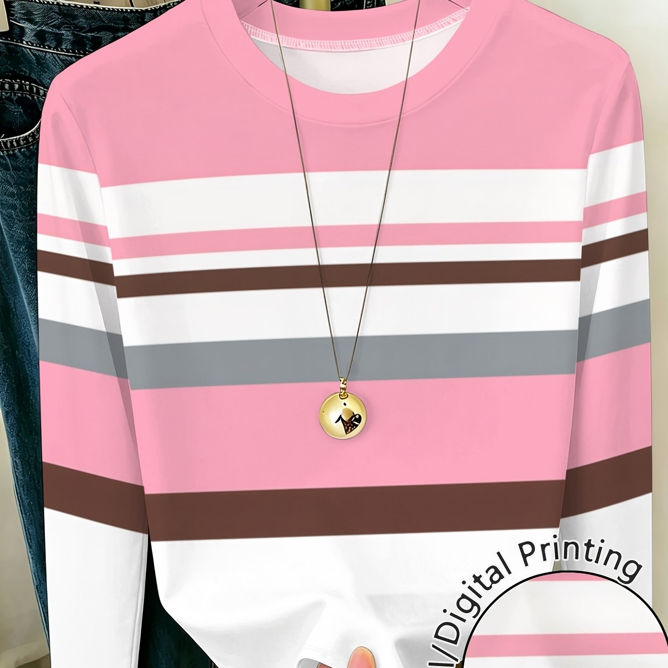TEMU Printed Design â Not Textured Pink Striped Women's Long-sleeve Top, Fashionable And Versatile Casual Printed T-shirt, /autumn Trendy And