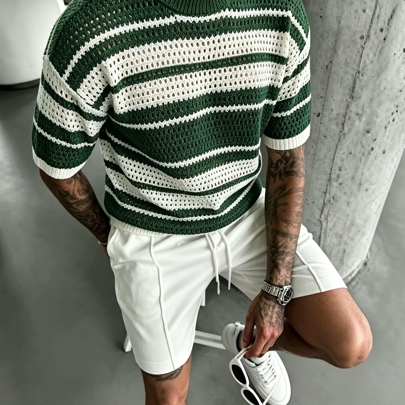 TEMU Summer Lightweight Men's Crew Neck Short Sleeve Striped Openwork Knit Top, Comfortable, Breathable, Light, Loose Fit, Mesh Casual Top