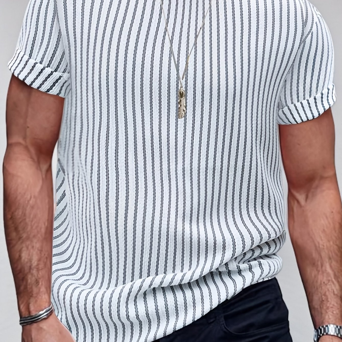 TEMU Men's Black & White Striped Short-sleeve Crew Neck T-shirt - Smooth Soft Fabric, Casual Sporty Style Suitable For Spring Summer Fall, Machine