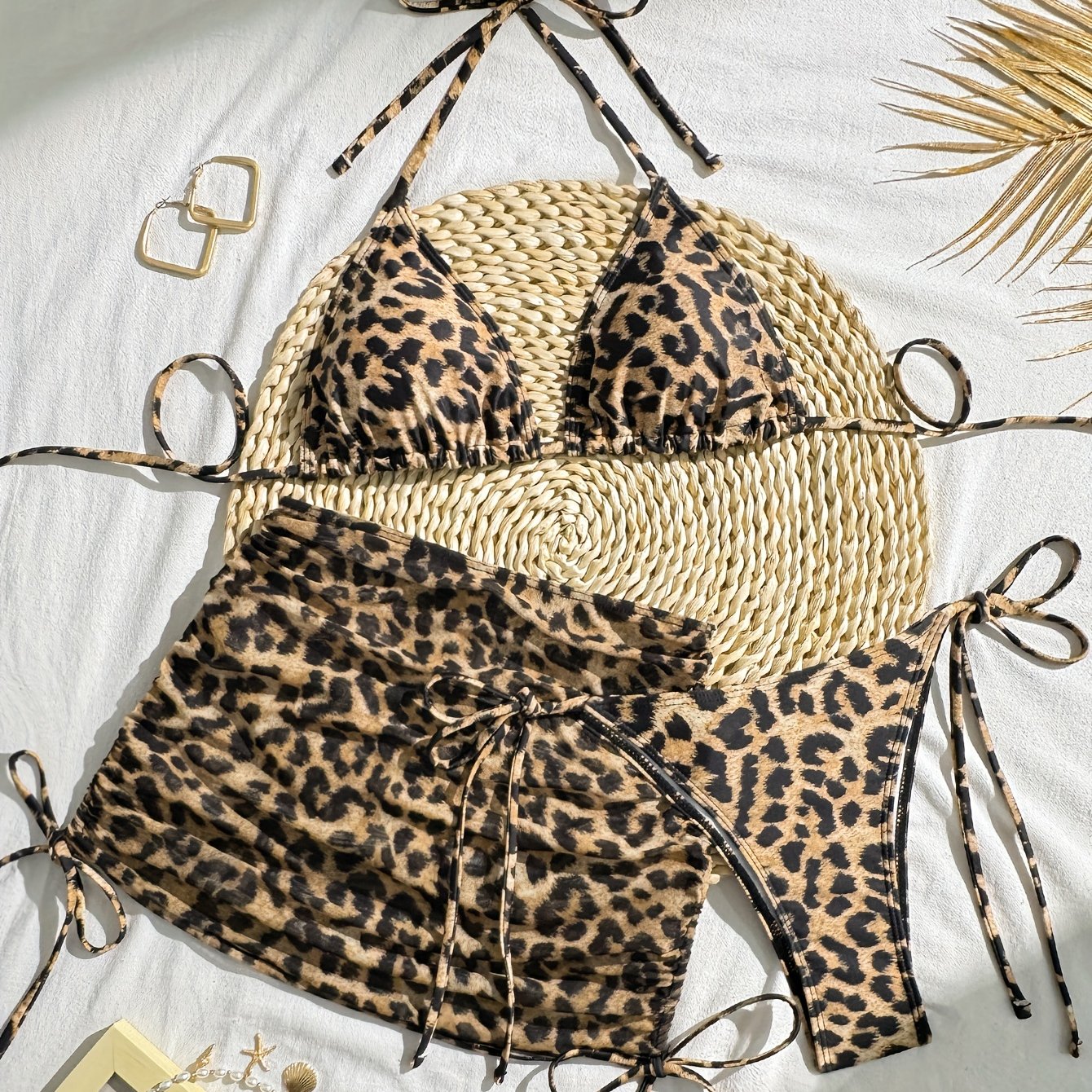 TEMU 3pcs Bikini Set With Leopard Print Triangle Top, Skirt, And Mesh Petticoat