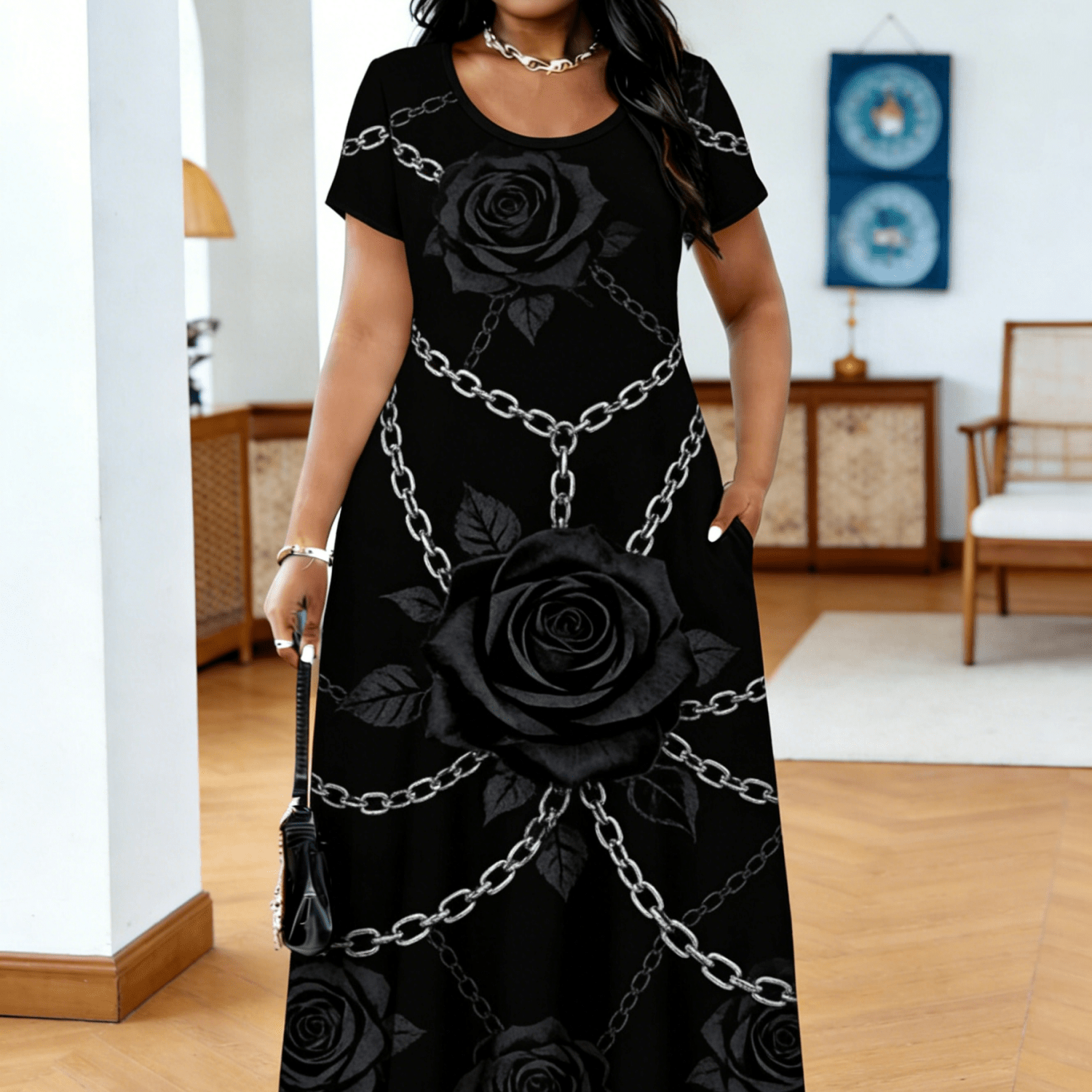 Image of Plus Size - Plus Size - Plus Size Women's Casual Crew Neck Short Sleeve Maxi Dress, Loose Fit Long Dress With Gothic Black Rose And Chain Print, , Perfect For Daily Wear, Themed Events, Casual