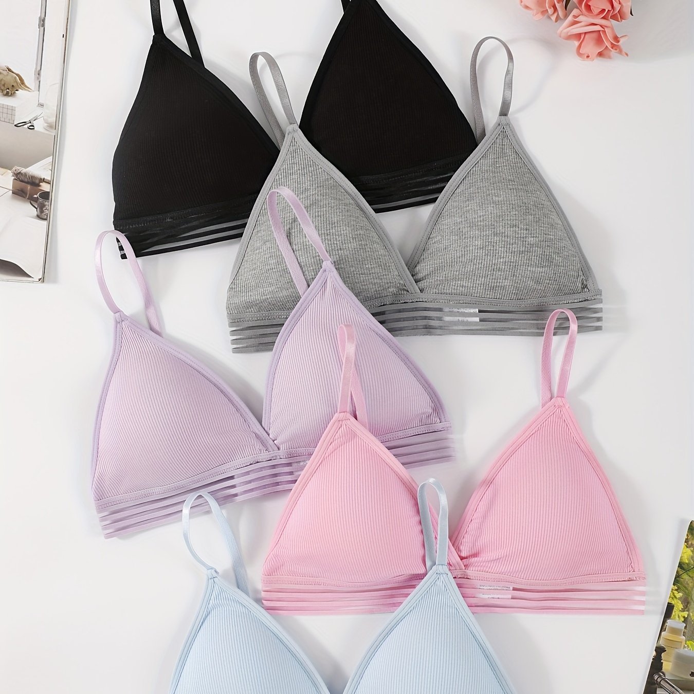 TEMU Set Of 5 Ribbed Striped Triangle Bras For Women