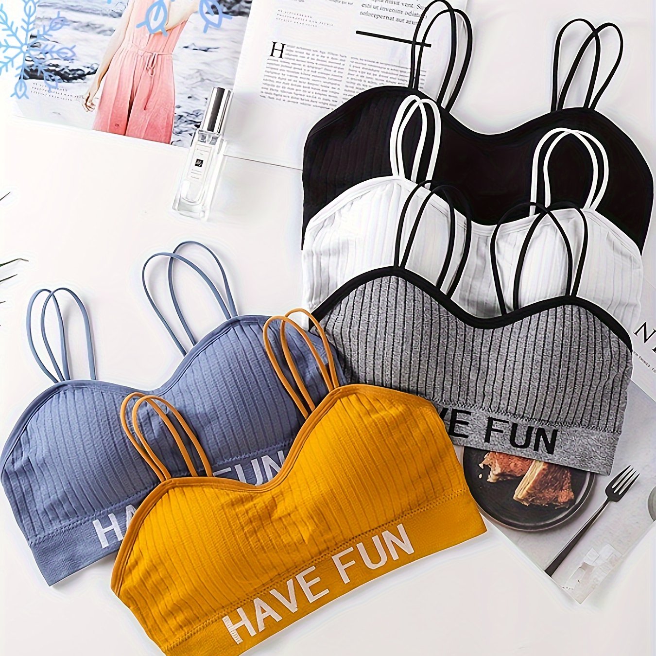 5pcs Girls' Easy Letter Suspender Bra, Breathable And Comfortable Removable Cup Wireless Bra And
