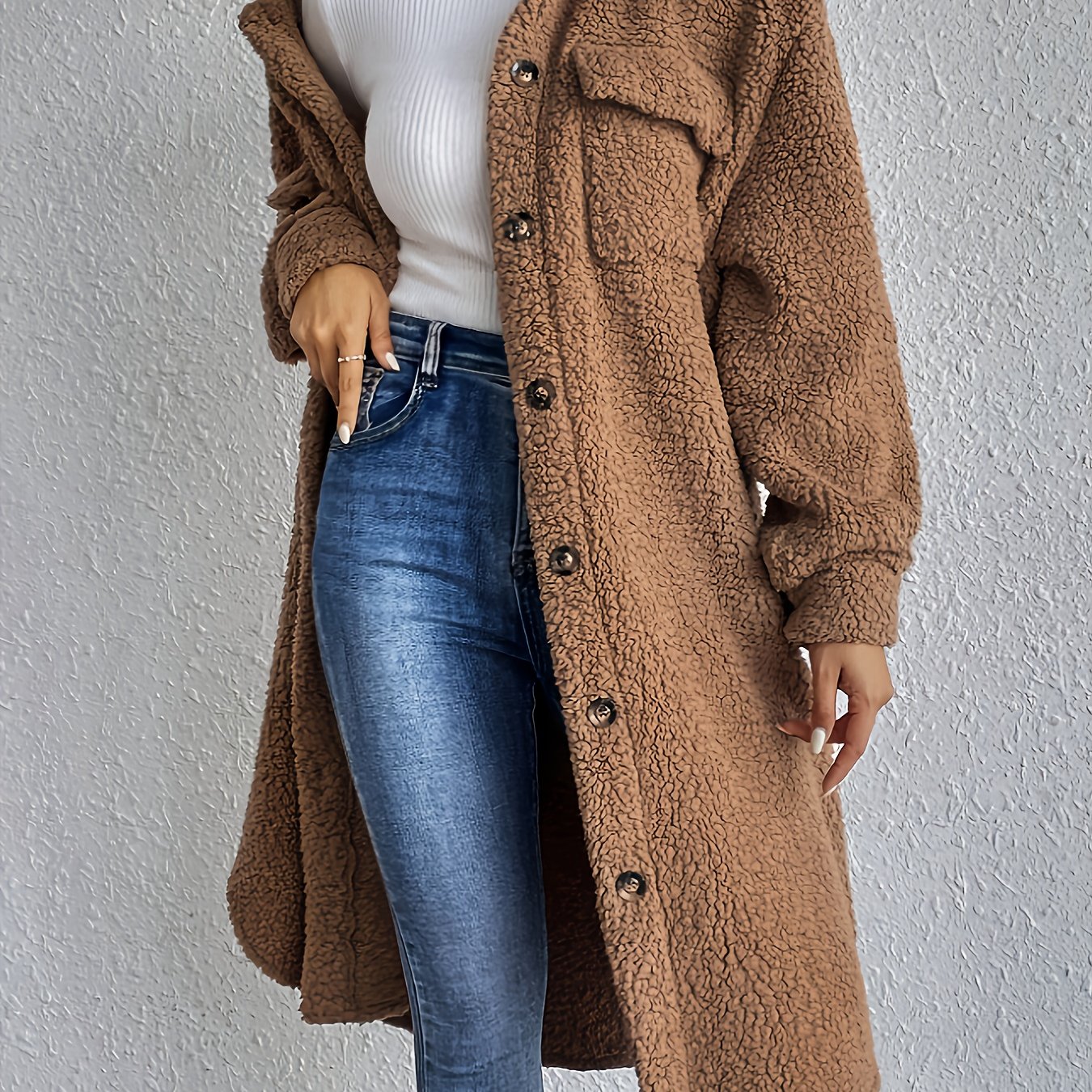 TEMU French Style Drop Shoulder Lapel Detail Plush Long Coat Women' Color Warm Trench Coat